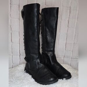 Black Vegan Leather Knee-High Corset Boots – Lace Up Back – Wide Fit